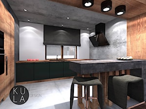 Projekt domu jednorodzinnego - Duża otwarta z salonem szara z zabudowaną lodówką kuchnia w kształcie litery g z oknem, styl industrialny - zdjęcie od studio KULA design | Rzeszów