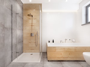 Łazienka w szarościach z drewnem - zdjęcie od NEFA Architekci - Wnętrza
