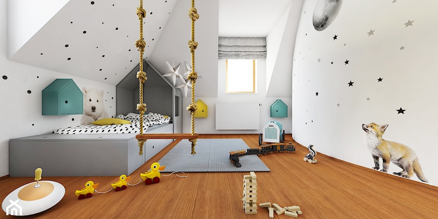 Skandynawskie poddasze - Średni biały pokój dziecka dla dziecka dla chłopca dla dziewczynki, styl skandynawski - zdjęcie od NEFA Architekci - Wnętrza
