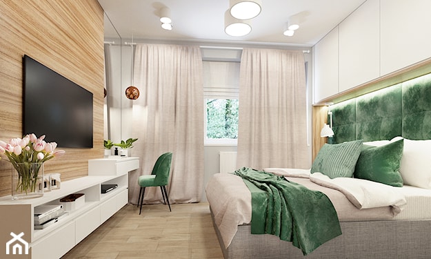 duża nowoczesna sypialnia w zieleni