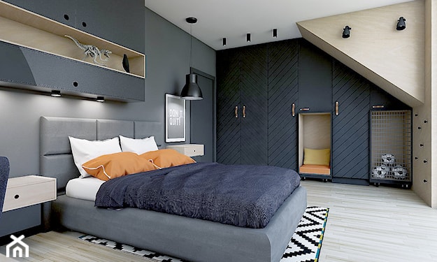 sypialnia w szarościach, łóżko tapicerowane