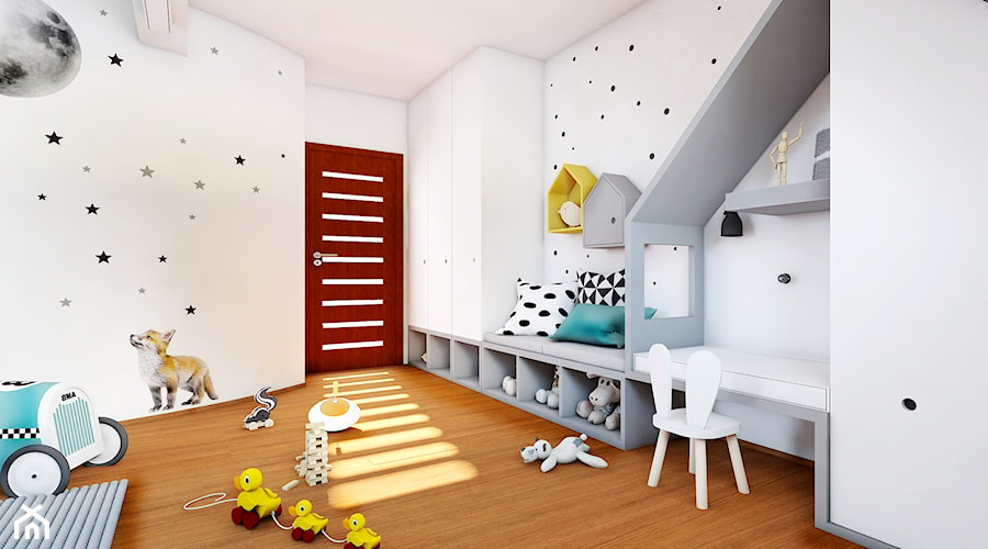 Skandynawskie poddasze - Średni biały pokój dziecka dla dziecka dla chłopca dla dziewczynki, styl skandynawski - zdjęcie od NEFA Architekci - Wnętrza