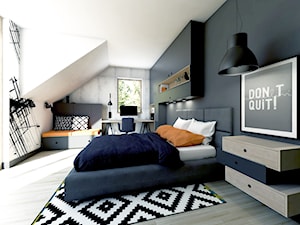 Poddasze - pokój Kacpra - Średnia biała czarna z biurkiem sypialnia na poddaszu - zdjęcie od NEFA Architekci - Wnętrza