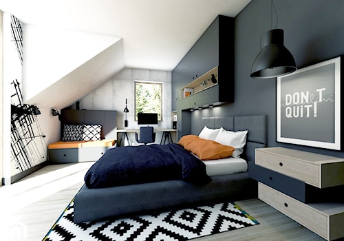 Poddasze - pokój Kacpra - Średnia biała czarna z biurkiem sypialnia na poddaszu - zdjęcie od NEFA Architekci - Wnętrza