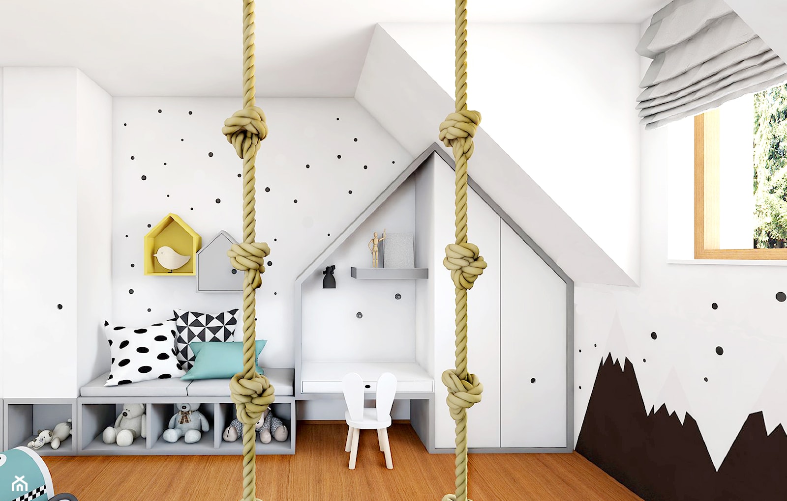 Skandynawskie poddasze - Mały biały czarny pokój dziecka dla dziecka dla chłopca dla dziewczynki, s ... - zdjęcie od NEFA Architekci - Wnętrza - Homebook