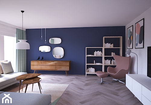 Kolorowe mieszkanie w Krakowie - Duży biały niebieski salon z bibiloteczką, styl nowoczesny - zdjęcie od Re Design Group