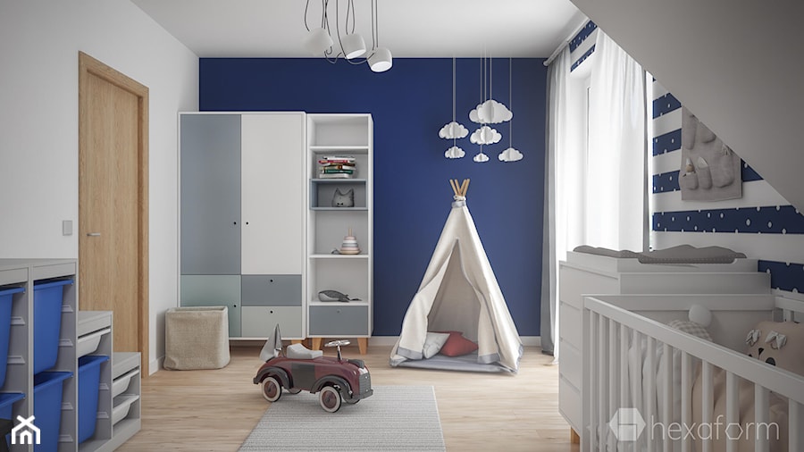 Projekt wnętrza domu II. - Średni szary niebieski pokój dziecka dla niemowlaka dla chłopca dla dziewczynki, styl skandynawski - zdjęcie od hexaform - projektowanie wnętrz
