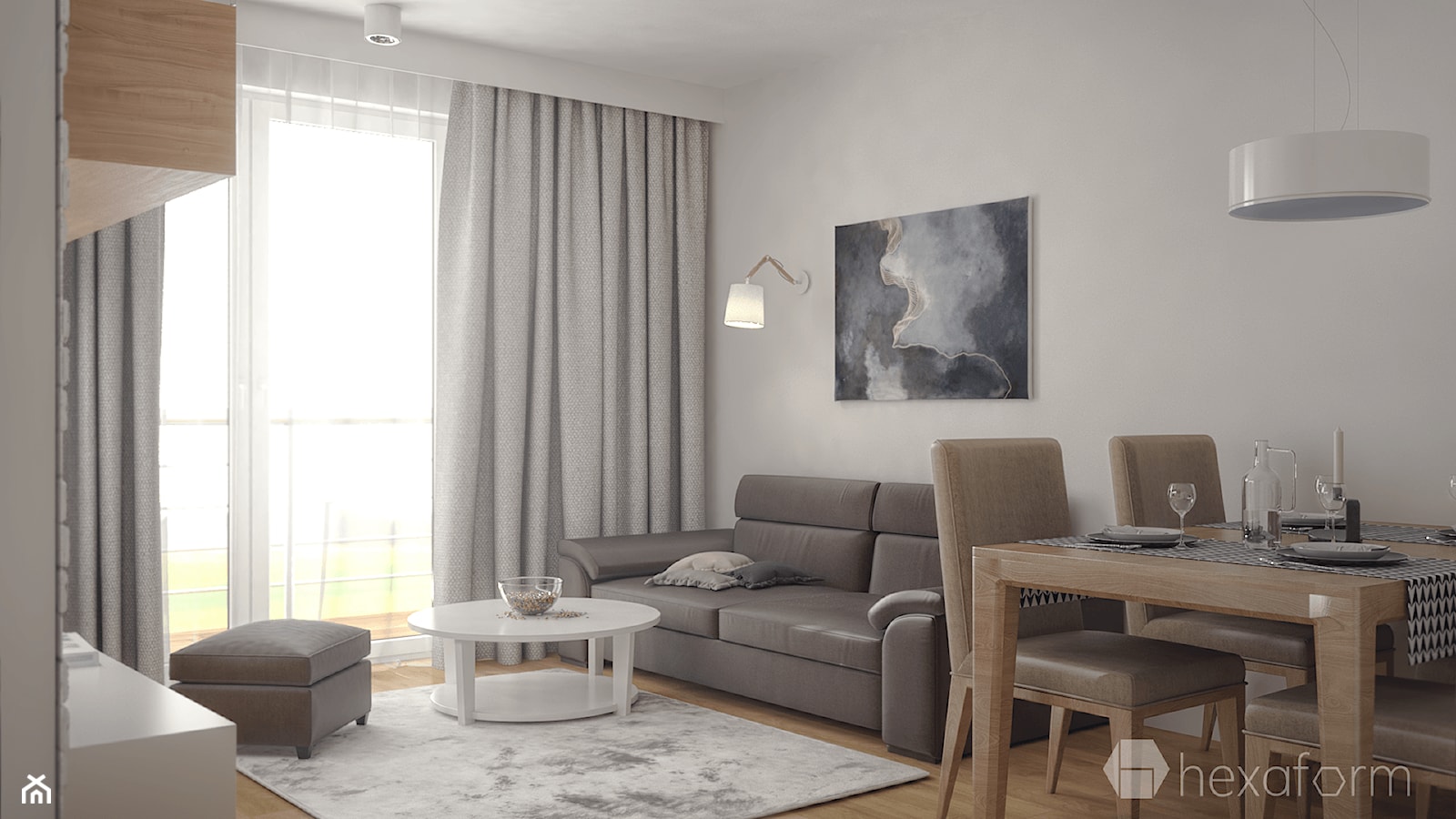 Projekt mieszkania 76m2. - Mały szary salon z jadalnią, styl nowoczesny - zdjęcie od hexaform - Homebook