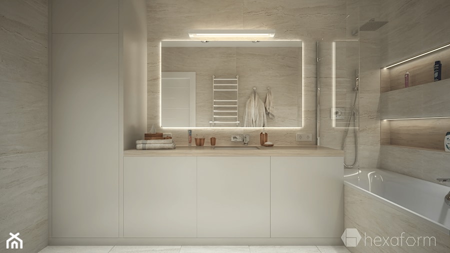Projekt mieszkania 76m2. - Średnia na poddaszu bez okna łazienka, styl nowoczesny - zdjęcie od hexaform - projektowanie wnętrz
