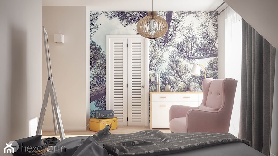 Projekt wnętrza domu II. - Mała szara sypialnia na poddaszu, styl nowoczesny - zdjęcie od hexaform - projektowanie wnętrz