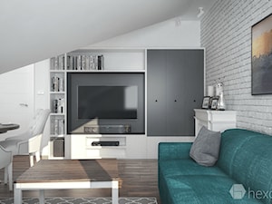 Projekt mieszkania na poddaszu. - Średni biały szary salon z jadalnią, styl tradycyjny - zdjęcie od hexaform - projektowanie wnętrz
