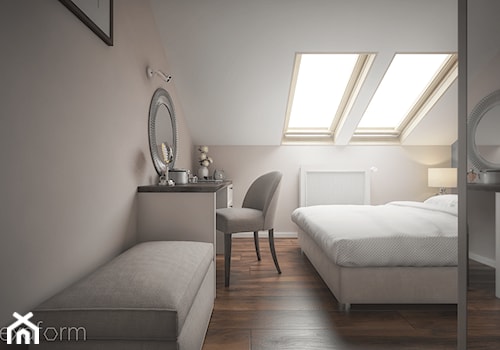 Projekt mieszkania na poddaszu. - Średnia beżowa biała sypialnia na poddaszu, styl tradycyjny - zdjęcie od hexaform - projektowanie wnętrz