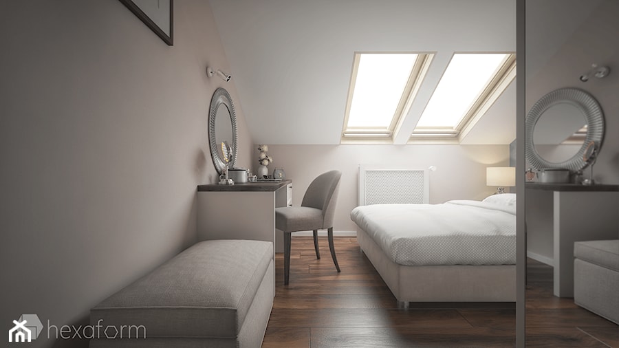 Projekt mieszkania na poddaszu. - Średnia beżowa biała sypialnia na poddaszu, styl tradycyjny - zdjęcie od hexaform - projektowanie wnętrz