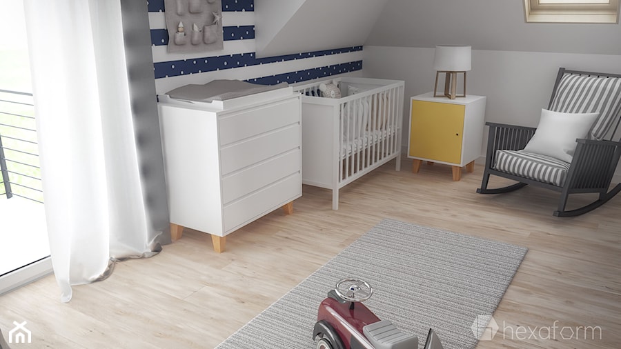 Projekt wnętrza domu II. - Średni biały szary niebieski pokój dziecka dla niemowlaka dla chłopca dla dziewczynki, styl skandynawski - zdjęcie od hexaform - projektowanie wnętrz