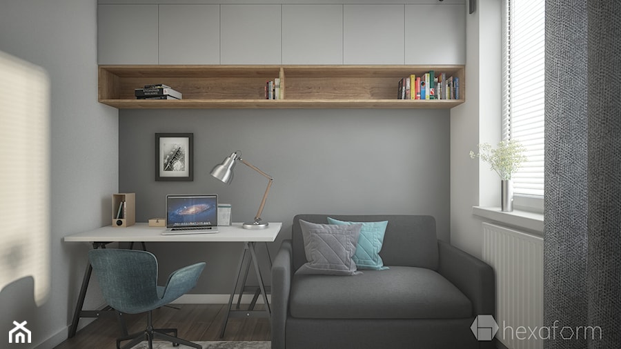 Mieszkanie 2+1. - Małe w osobnym pomieszczeniu z sofą szare biuro, styl skandynawski - zdjęcie od hexaform - projektowanie wnętrz