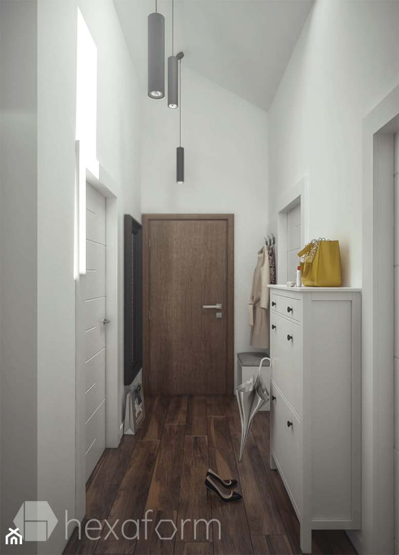 Projekt mieszkania na poddaszu. - Średni z wieszakiem biały hol / przedpokój, styl nowoczesny - zdjęcie od hexaform - projektowanie wnętrz