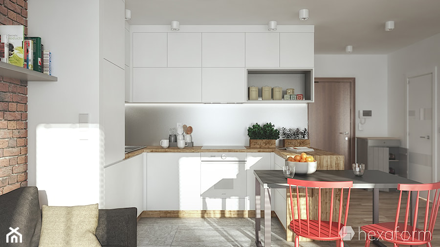 Projekt kuchni. - Mała otwarta z salonem kuchnia w kształcie litery l w kształcie litery u, styl nowoczesny - zdjęcie od hexaform - projektowanie wnętrz