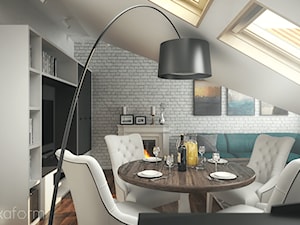 Projekt mieszkania na poddaszu. - Mały biały szary salon z jadalnią, styl tradycyjny - zdjęcie od hexaform - projektowanie wnętrz