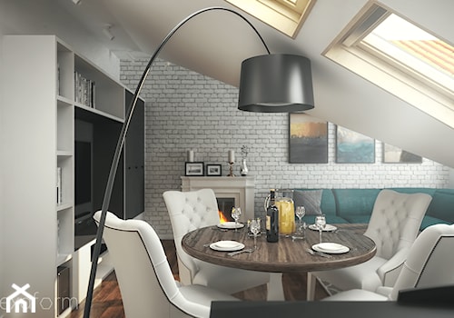 Projekt mieszkania na poddaszu. - Mały biały szary salon z jadalnią, styl tradycyjny - zdjęcie od hexaform - projektowanie wnętrz