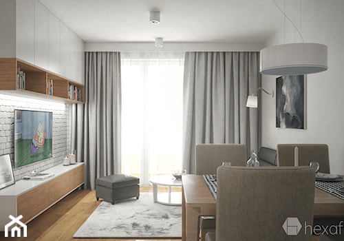 Projekt mieszkania 76m2. - Mały biały salon z jadalnią, styl nowoczesny - zdjęcie od hexaform - projektowanie wnętrz