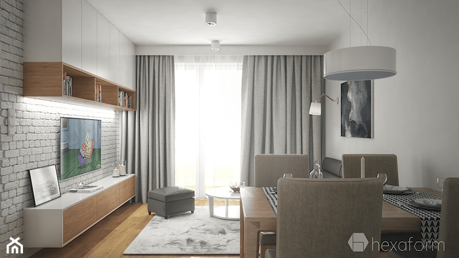 Projekt mieszkania 76m2. - Mały biały salon z jadalnią, styl nowoczesny - zdjęcie od hexaform - projektowanie wnętrz