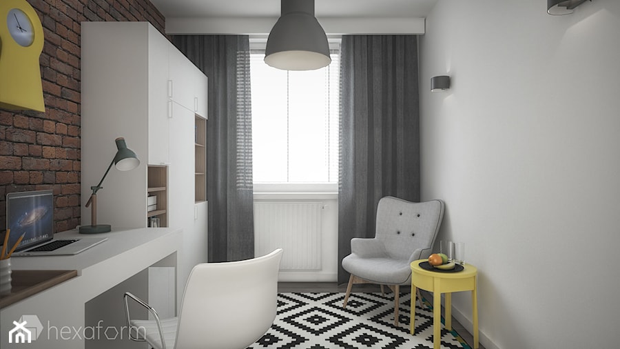 Mieszkanie 2+1. - Średnie w osobnym pomieszczeniu z zabudowanym biurkiem białe biuro, styl skandynawski - zdjęcie od hexaform - projektowanie wnętrz
