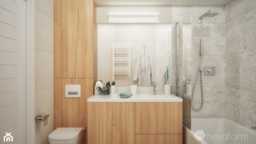 Projekt mieszkania 48m2. - Średnia bez okna z lustrem łazienka, styl nowoczesny - zdjęcie od hexaform - projektowanie wnętrz
