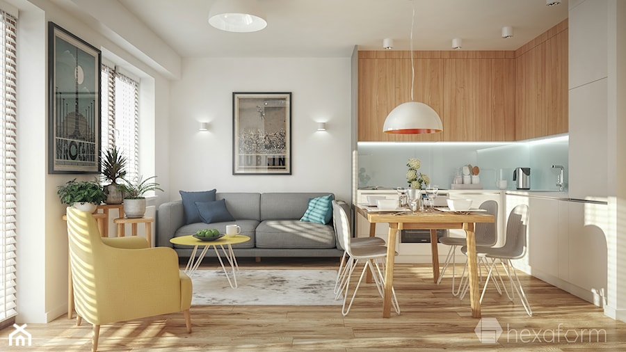 Projekt mieszkania 48m2. - Średni biały salon z kuchnią, styl nowoczesny - zdjęcie od hexaform - projektowanie wnętrz