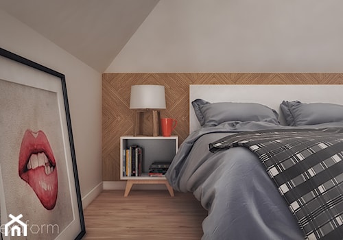 Projekt wnętrza domu II. - Średnia beżowa biała sypialnia na poddaszu, styl nowoczesny - zdjęcie od hexaform - projektowanie wnętrz