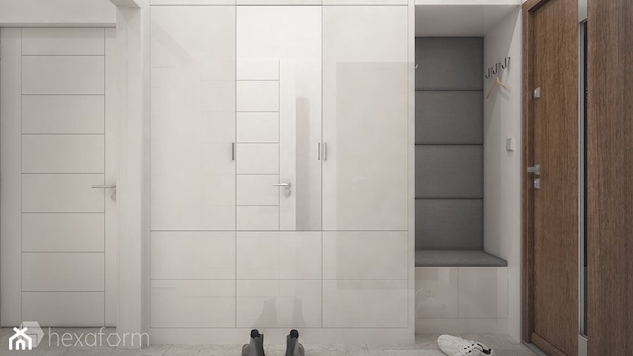 Projekt wnętrza domu. - Mały z wieszakiem biały hol / przedpokój, styl nowoczesny - zdjęcie od hexaform - projektowanie wnętrz