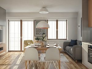 Projekt mieszkania 48m2. - Mały biały salon z kuchnią z jadalnią z tarasem / balkonem, styl nowoczesny - zdjęcie od hexaform - projektowanie wnętrz