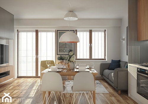 Projekt mieszkania 48m2. - Mały biały salon z kuchnią z jadalnią z tarasem / balkonem, styl nowoczesny - zdjęcie od hexaform - projektowanie wnętrz