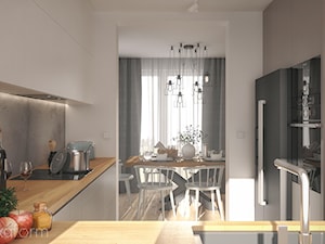 Projekt wnętrza domu II. - Mała zamknięta biała szara z zabudowaną lodówką z podblatowym zlewozmywakiem kuchnia w kształcie litery u z oknem, styl nowoczesny - zdjęcie od hexaform - projektowanie wnętrz