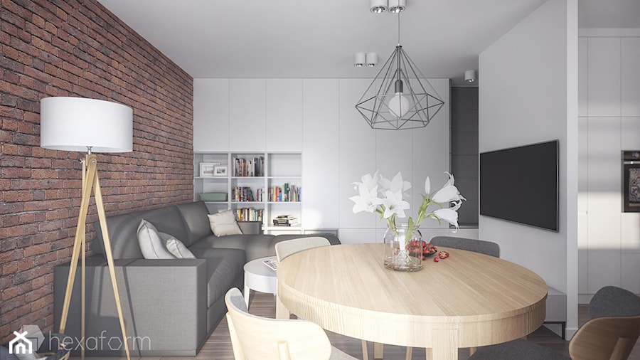 Mieszkanie 2+1. - Mały biały salon z kuchnią z jadalnią, styl nowoczesny - zdjęcie od hexaform - projektowanie wnętrz