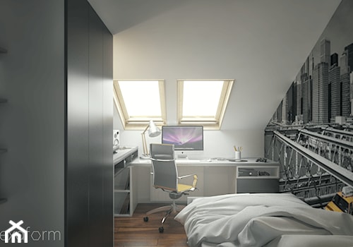 Projekt mieszkania na poddaszu. - Mały biały szary pokój dziecka dla nastolatka dla chłopca dla dziewczynki, styl nowoczesny - zdjęcie od hexaform - projektowanie wnętrz