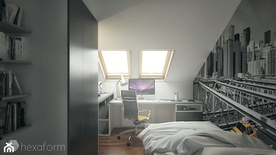 Projekt mieszkania na poddaszu. - Mały biały szary pokój dziecka dla nastolatka dla chłopca dla dziewczynki, styl nowoczesny - zdjęcie od hexaform - projektowanie wnętrz