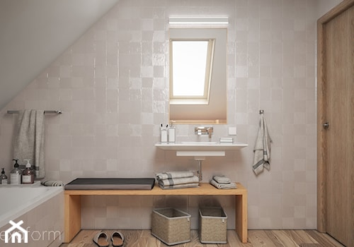 Projekt wnętrza domu II. - Mała na poddaszu łazienka z oknem, styl nowoczesny - zdjęcie od hexaform - projektowanie wnętrz