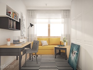 Projekt wnętrza domu. - Średnie białe biuro domowe kącik do pracy, styl skandynawski - zdjęcie od hexaform