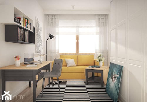 Projekt wnętrza domu. - Średnie w osobnym pomieszczeniu z sofą białe biuro, styl skandynawski - zdjęcie od hexaform - projektowanie wnętrz