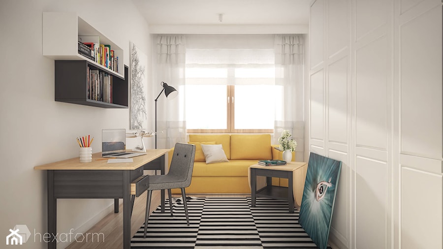 Projekt wnętrza domu. - Średnie w osobnym pomieszczeniu z sofą białe biuro, styl skandynawski - zdjęcie od hexaform - projektowanie wnętrz