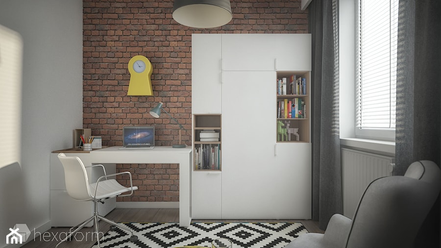 Mieszkanie 2+1. - Średnie w osobnym pomieszczeniu z sofą z zabudowanym biurkiem szare biuro, styl skandynawski - zdjęcie od hexaform - projektowanie wnętrz