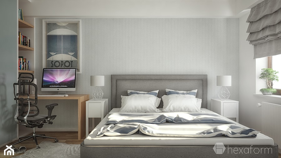 Projekt mieszkania 48m2. - Średnia biała szara z biurkiem sypialnia, styl nowoczesny - zdjęcie od hexaform - projektowanie wnętrz