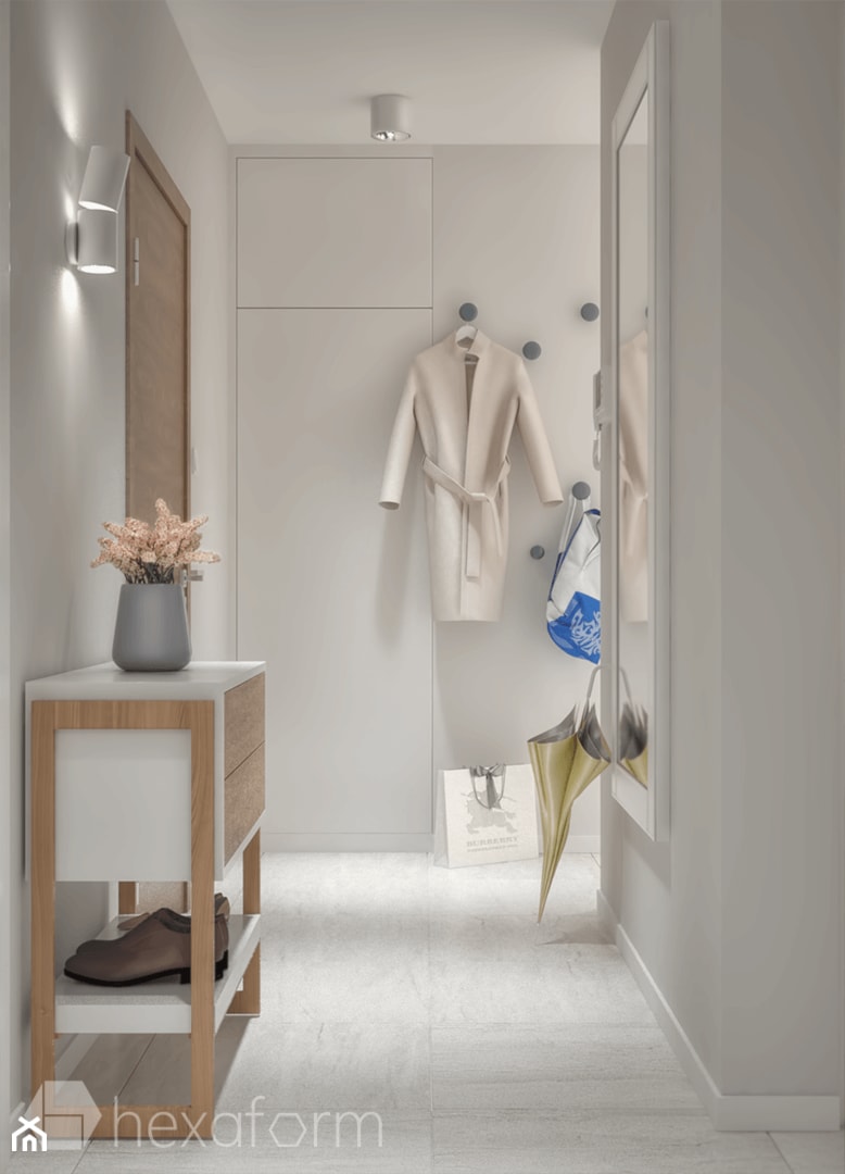 Projekt mieszkania 76m2. - Mały z wieszakiem biały hol / przedpokój, styl nowoczesny - zdjęcie od hexaform - projektowanie wnętrz