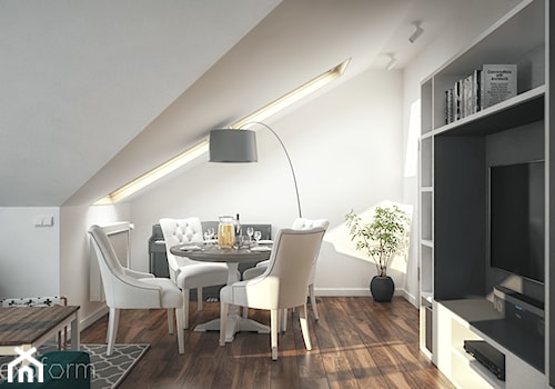 Projekt mieszkania na poddaszu. - Mały biały salon z jadalnią, styl tradycyjny - zdjęcie od hexaform - projektowanie wnętrz