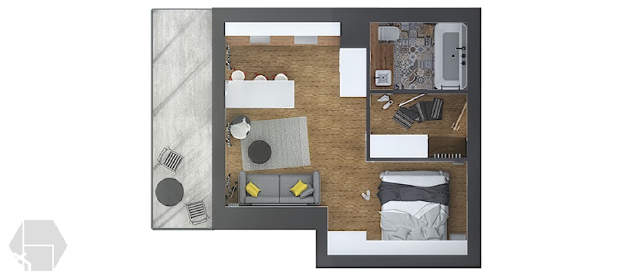 Projekt mieszkania jednopokojowego. - zdjęcie od hexaform - projektowanie wnętrz
