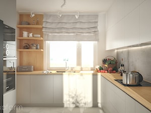 Projekt wnętrza domu II. - Średnia biała szara z zabudowaną lodówką z podblatowym zlewozmywakiem kuchnia w kształcie litery u z oknem, styl nowoczesny - zdjęcie od hexaform - projektowanie wnętrz
