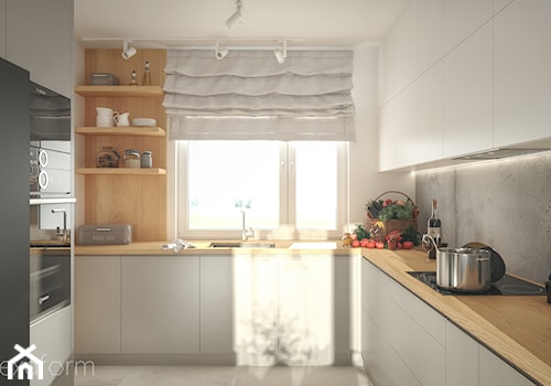 Projekt wnętrza domu II. - Średnia biała szara z zabudowaną lodówką z podblatowym zlewozmywakiem kuchnia w kształcie litery u z oknem, styl nowoczesny - zdjęcie od hexaform - projektowanie wnętrz
