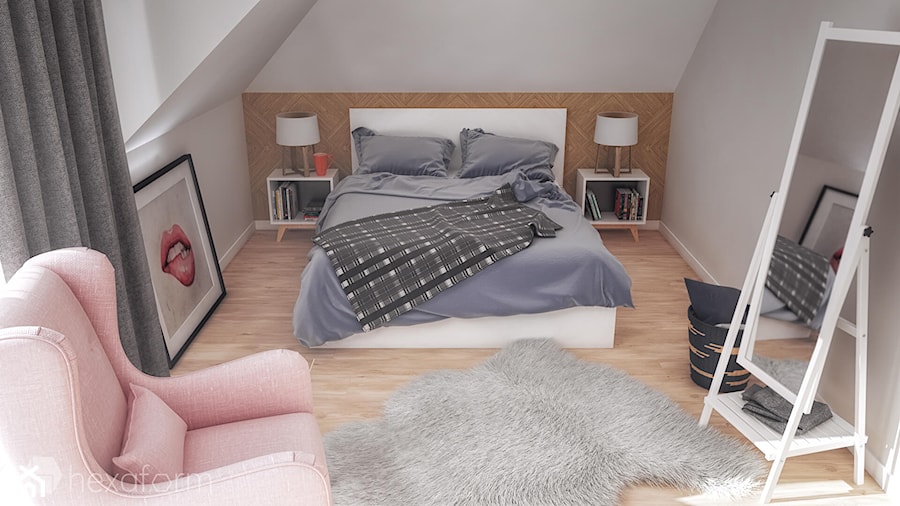 Projekt wnętrza domu II. - Duża szara sypialnia na poddaszu, styl nowoczesny - zdjęcie od hexaform - projektowanie wnętrz