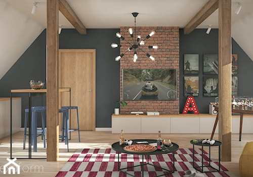 Projekt wnętrza domu II. - Średni beżowy szary salon z jadalnią, styl skandynawski - zdjęcie od hexaform - projektowanie wnętrz