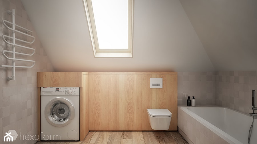Projekt wnętrza domu II. - Średnia na poddaszu bez okna z pralką / suszarką łazienka, styl nowoczesny - zdjęcie od hexaform - projektowanie wnętrz